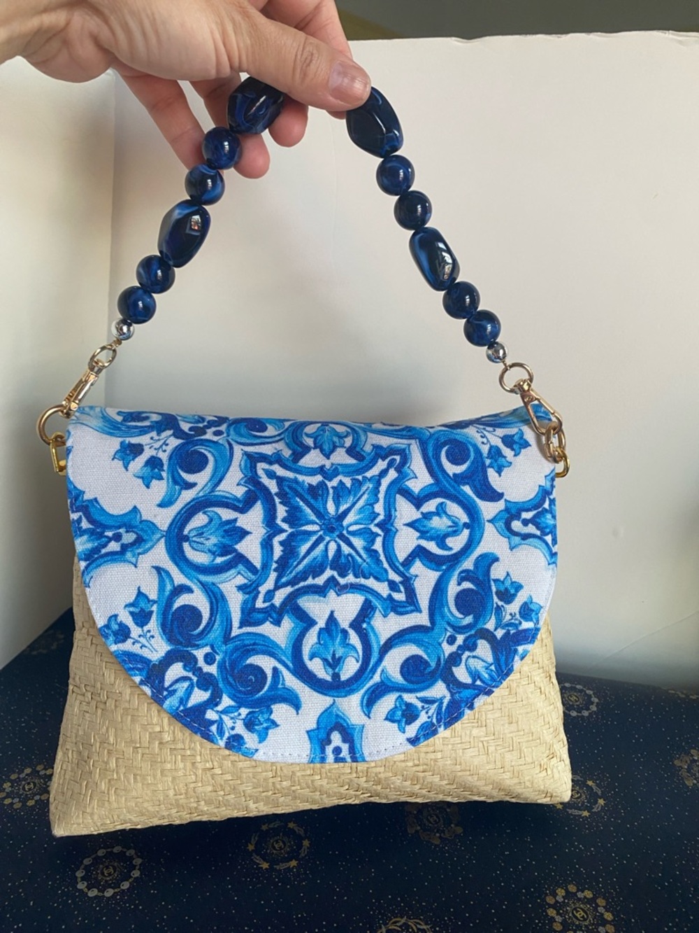 Dolce Gabbana Blue Tile-Print Straw Pouch